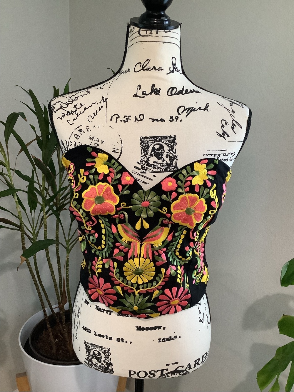 Black Floral Embroidered Bustier Top